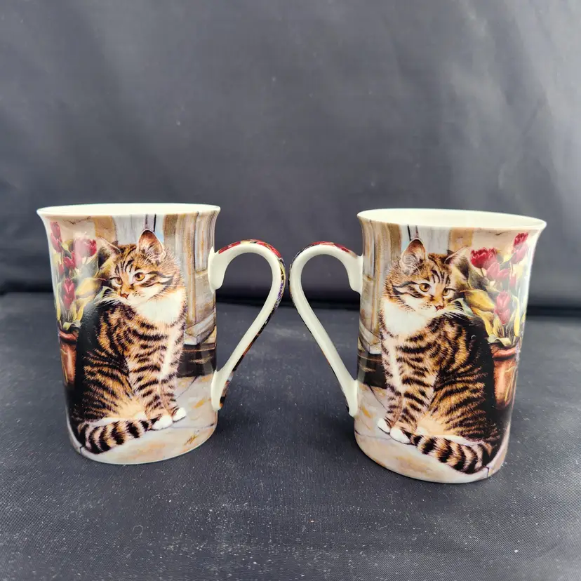 Cottage Cat Coffee Tea Mugs Set 2  Striped Tabby Lover Crazy Lady by Creative Tops -England