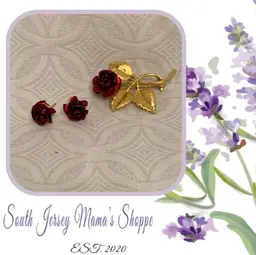 Gold Tone Metal Red Rose Earrings And Brooch Set