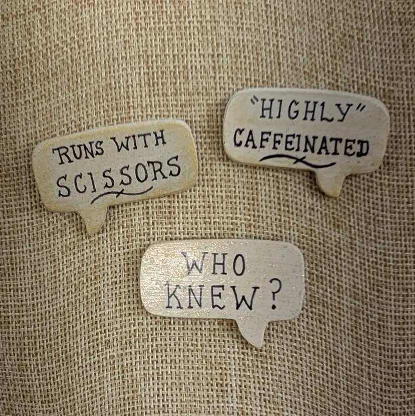 Vintage J Crawford Speech Bubble Brooch Set of 3 Funny Coffee Danger Surprise