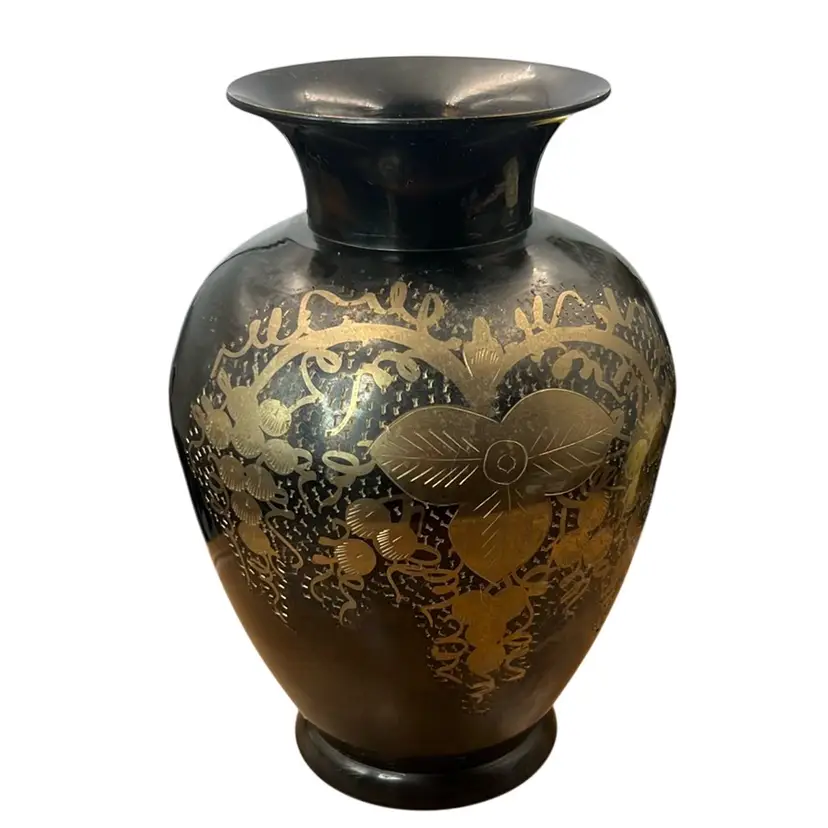 Black Metal Vase With Gold Organic Design 7.5” Tall x 5” Wide