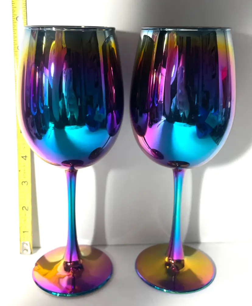 Iridescent Wine Glasses Pair. Colorful! Please Read Description.