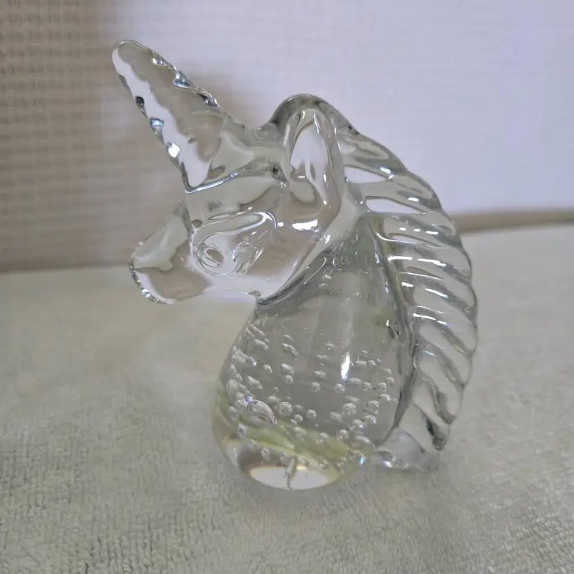 Vintage Clear Glass Controlled Bubbles Art Glass Unicorn Paperweight