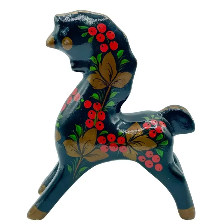 Vtg Wood Painted Russian Khokhloma Horse Figurine Holly Berry Black MCM