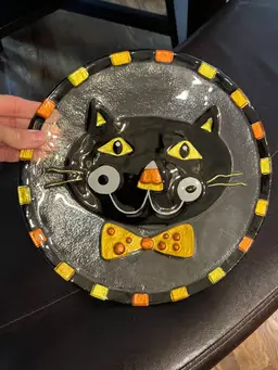 Halloween On Sale! 🎃 Black Cat Fused Glass Kitty Cat Platter 11 Inches