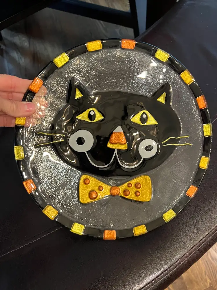 Halloween On Sale! 🎃 Black Cat Fused Glass Kitty Cat Platter 11 Inches