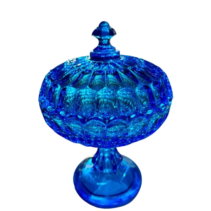 FENTON Colonial Blue Glass Compote/Candy Dish Vintage Thumbprint W/ Lid Footed
10-1/4” T x 7” W
