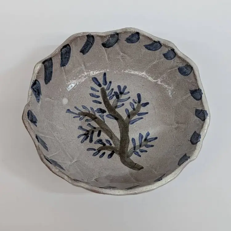 Studio Pottery Key Bowl Trinket Dish Scalloped Shallow Blue Brown Signed KT