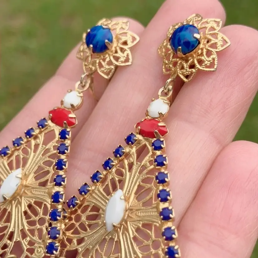 Vintage Chandelier Earrings Clip On Red White Blue Patriotic USA 1960s