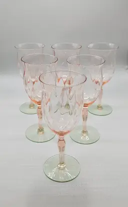 Vintage Weston Watermelon Uranium Glass Stemmed Goblets with Etched Flowers Set of 6