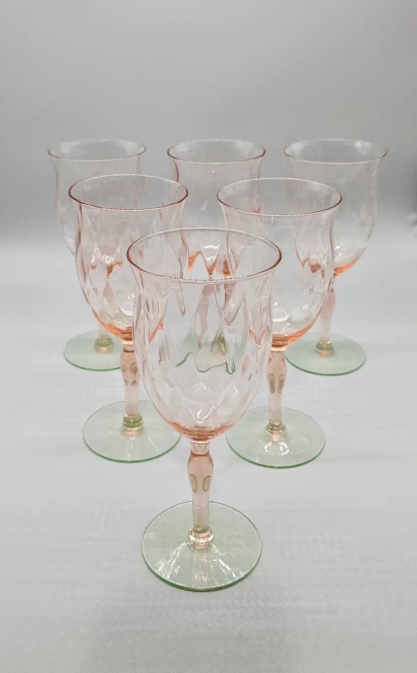 Vintage Weston Watermelon Uranium Glass Stemmed Goblets with Etched Flowers Set of 6