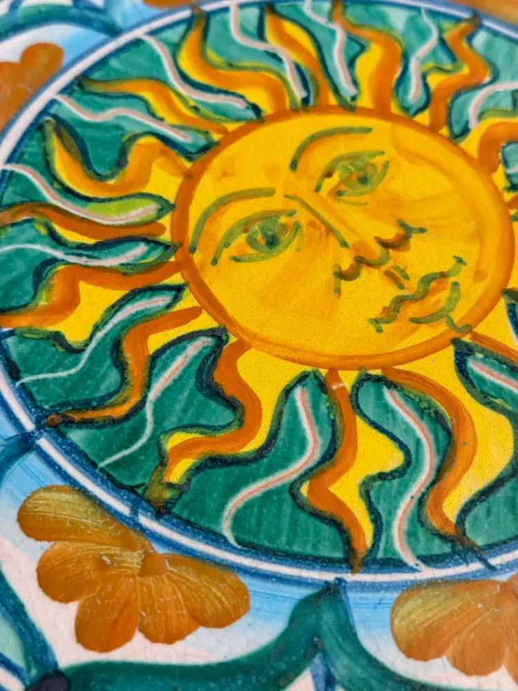 Signed 9.5” Fratantoni Vietra Hand-painted, Glazed Terracotta Celestial Sun Face Wall Plaque
