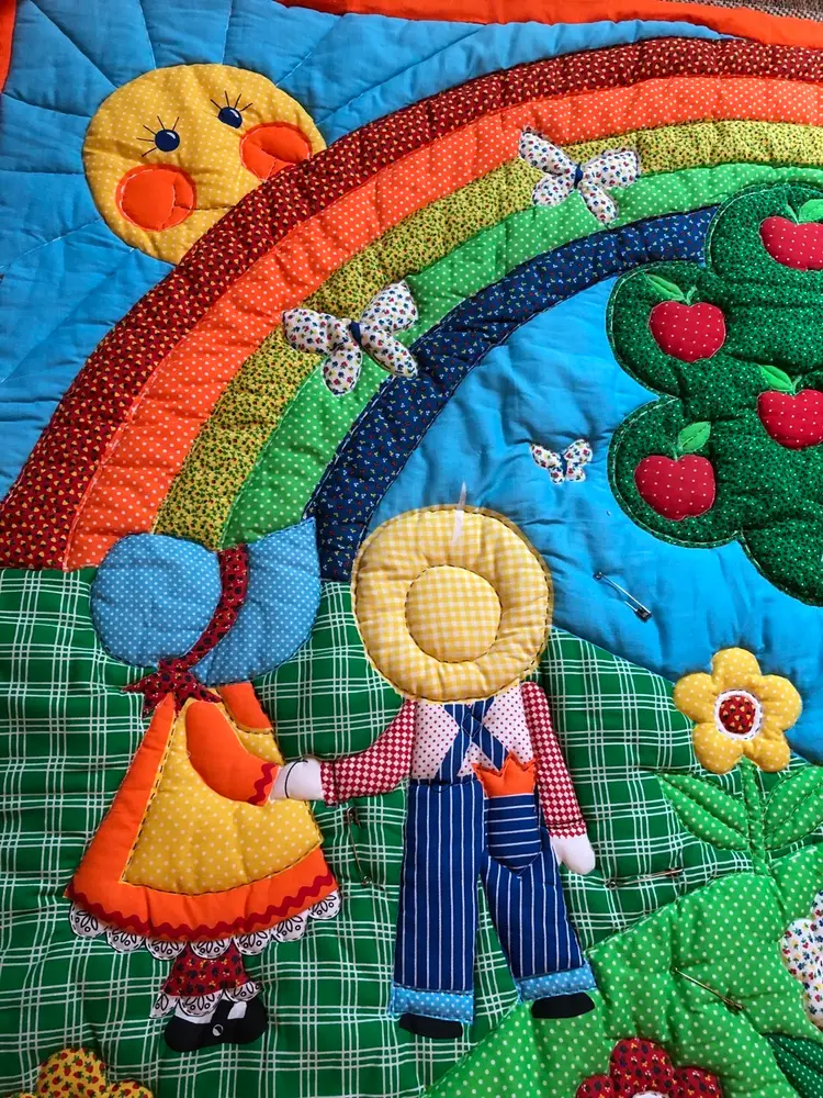 1980s CALICO QUILT or WALL DECOR  Bonnet Kids, Butterflies, Flowers, Sunshine & Rainbow  Handmade & UNFINISHED