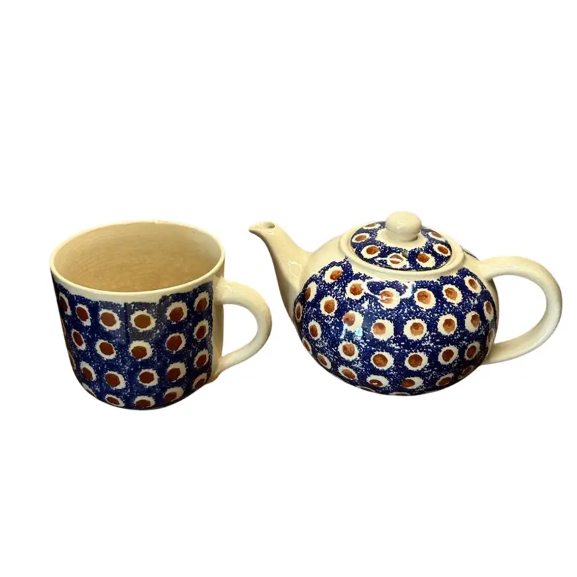 Vintage Boleslawiec Polish Potter Teapot And Cup With Factory Stamp On Lid 
Teapot 4” Cup 3 1/4”