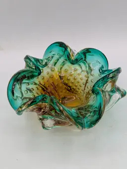 Vintage Murano Bullicante Art Glass Bowl - Teal & Amber Controlled Bubble Ruffled Rim - Mid-Century Italy
