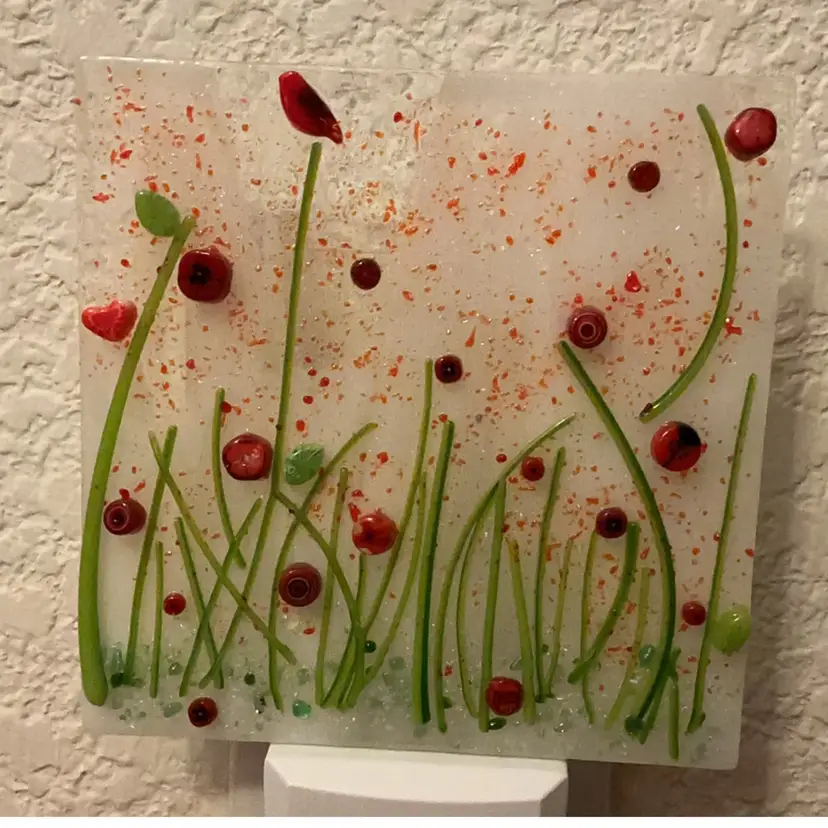 Made by Me! Fused Glass Nightlight 3D Design with Red Flowers & Ladybug 4" x 4โ Studio Art Handmade