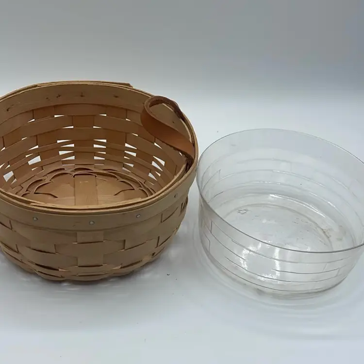 Long Burger Basket, 1998 Leather Handles Plastic Insert 6 1/2 Inches