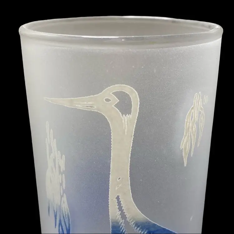 Vintage Crane Frosted Glass Tom Collin’s Barware Drinking Glasses.  Blue And Yellow.