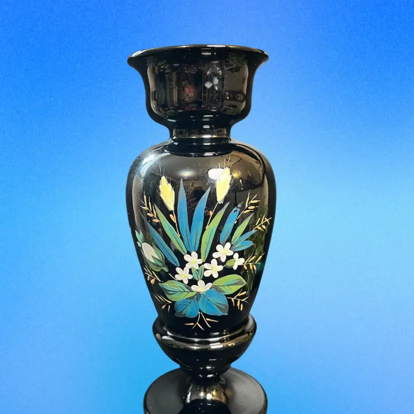 Antique Victorian Black Amethyst Hand Blown Art Glass w/ Hand Painted Floral Design