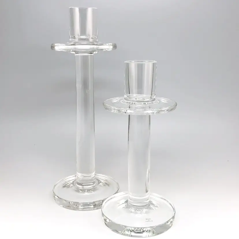 2 Hand Blown Lead Crystal Candle Holders Candlesticks Pair Taper Column Poland