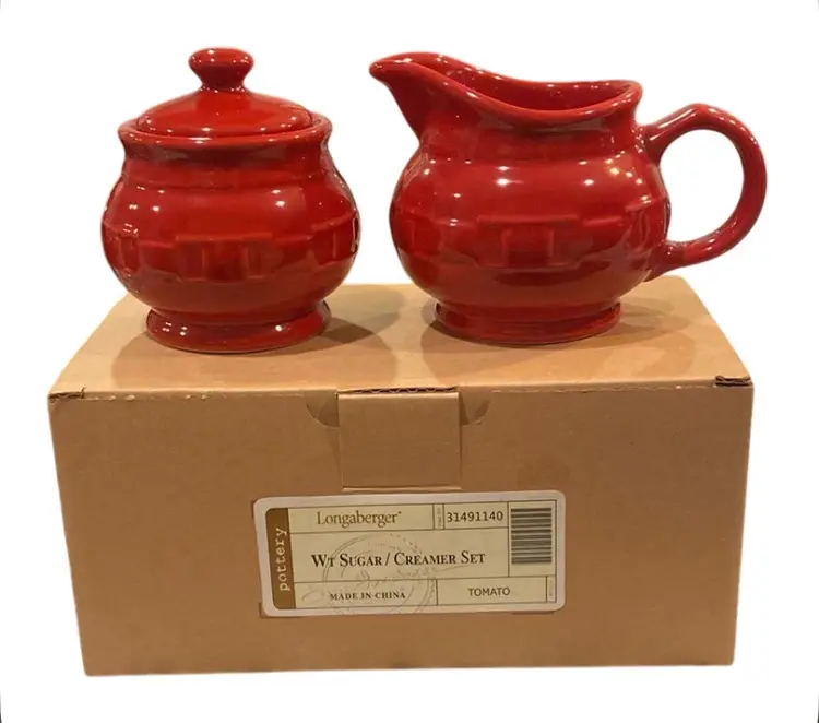 Longaberger Pottery Woven Traditions Tomato Red Creamer & Sugar Bowl w/ Lid Set