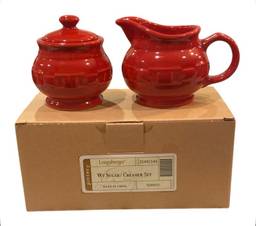 Longaberger Pottery Woven Traditions Tomato Red Creamer & Sugar Bowl w/ Lid Set