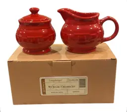 Longaberger Pottery Woven Traditions Tomato Red Creamer & Sugar Bowl w/ Lid Set