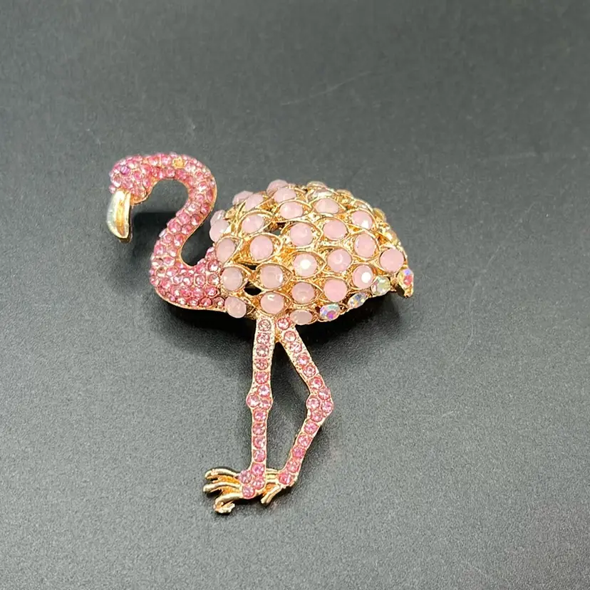 Pink Flamingo Brooch, Gold Tone, 2” High
