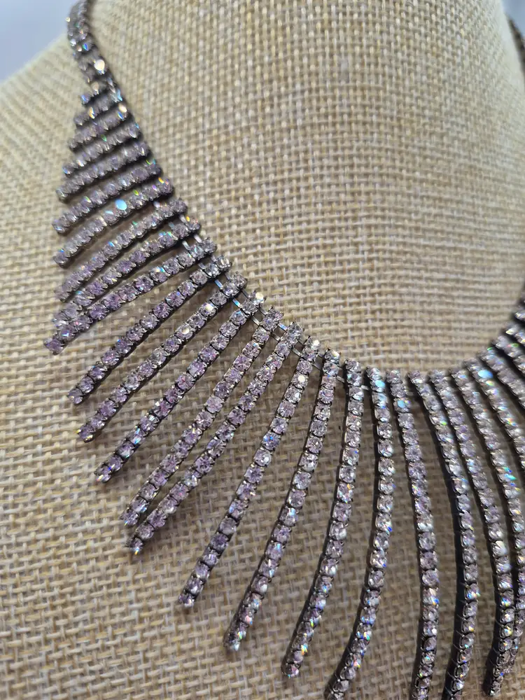 Vtg. Silvertone Tiny Rhinestones Fringe Bib Necklace 13"