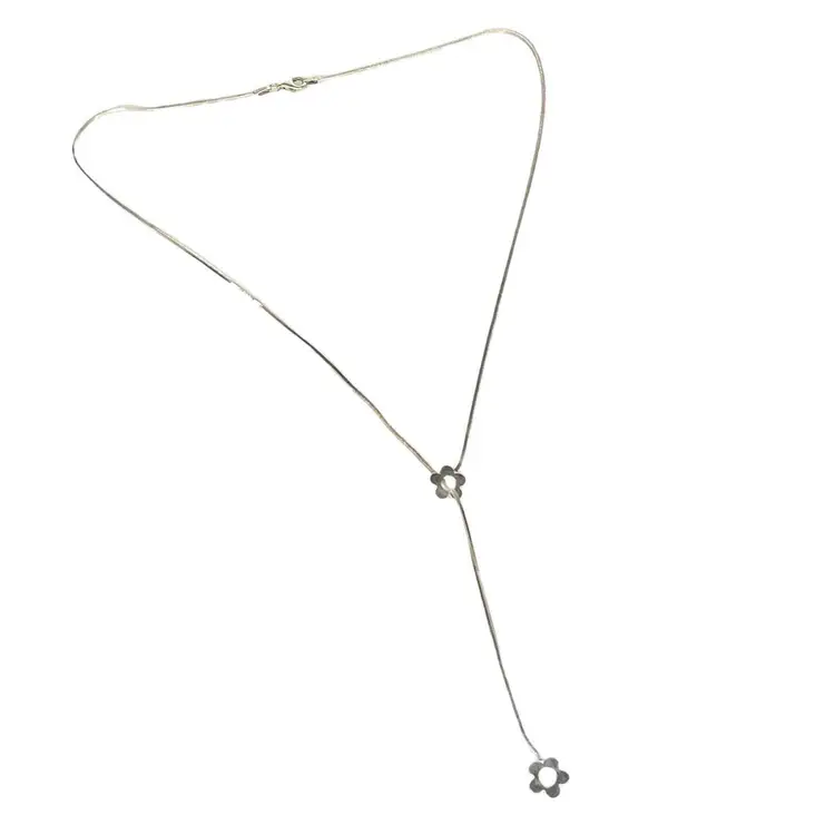 VTG 925 Silver Flower Lavalier Lariat FLOWER NECKLACE 21" Adjustable Snake Chain