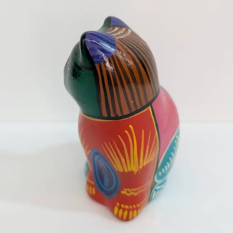 Vintage Mexican Pottery Sitting Cat Figurine Folk Art Hand Painted Flowers