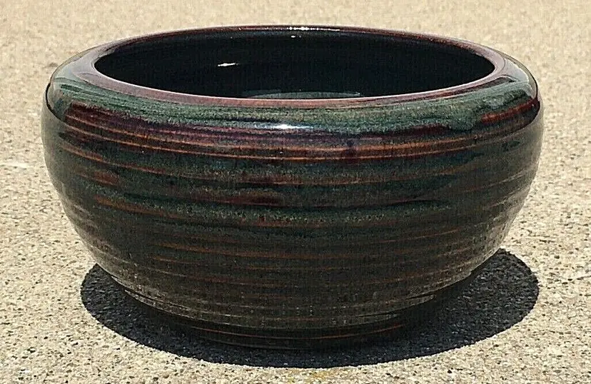 AMW Art Pottery Bowl Planter Green Brown Ribbed Pattern