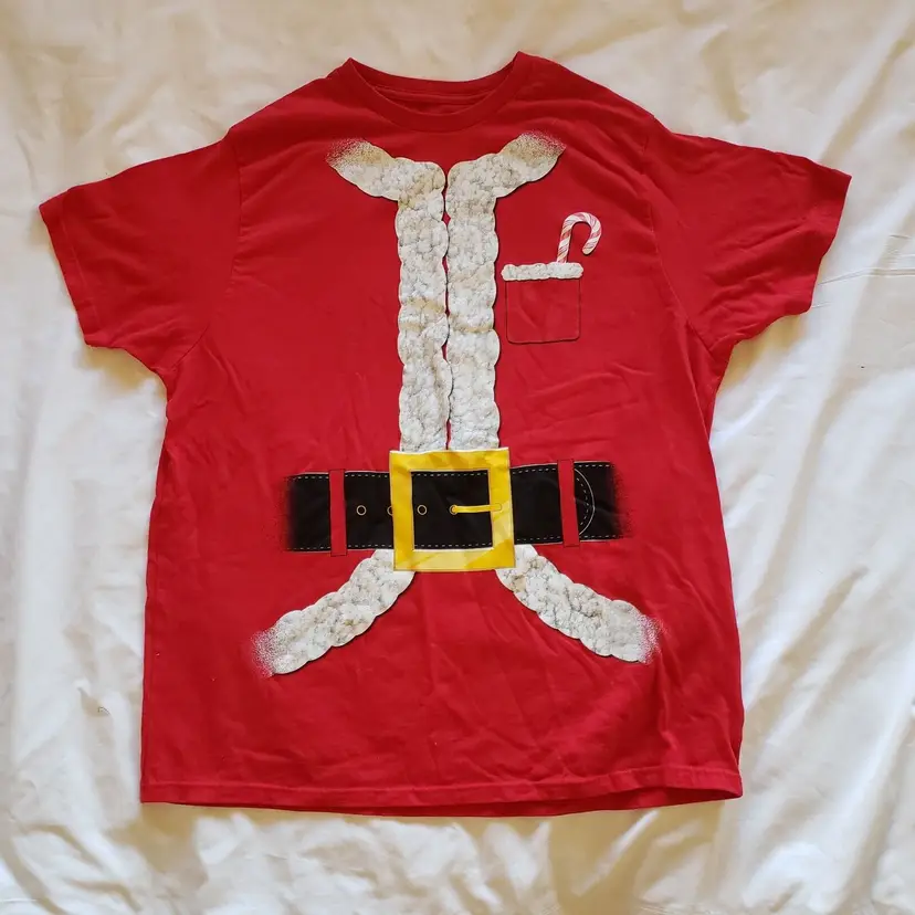 Santa Red Jacket Candy Cane Tee Shirt w/ Gold Buckle size 2XL Holiday Time