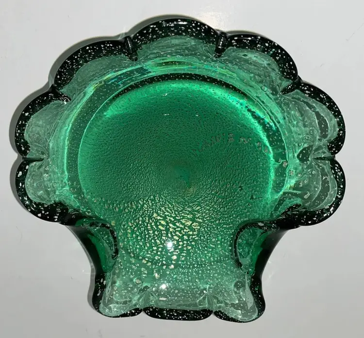 Vintage Heavy Murano Seguso Toso Blown Art Glass Shell Dish Green Silver Aventurine 