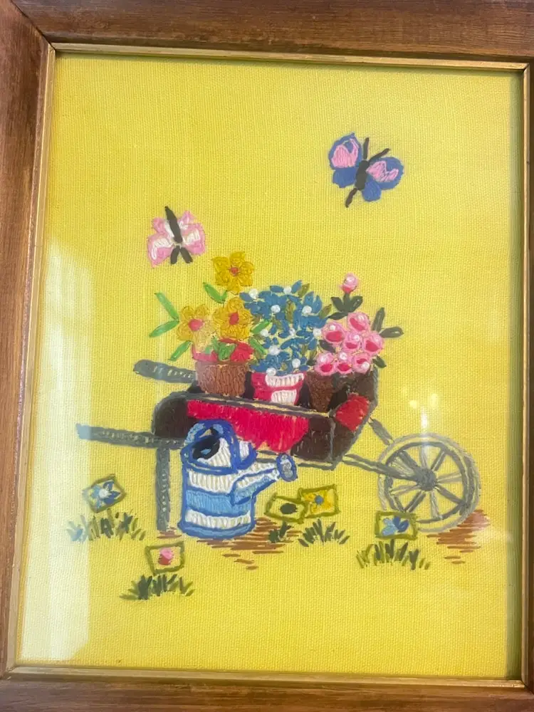 Vintage Embroidered Crewel “wheelbarrow Of Flowers” Framed Wall Hanging