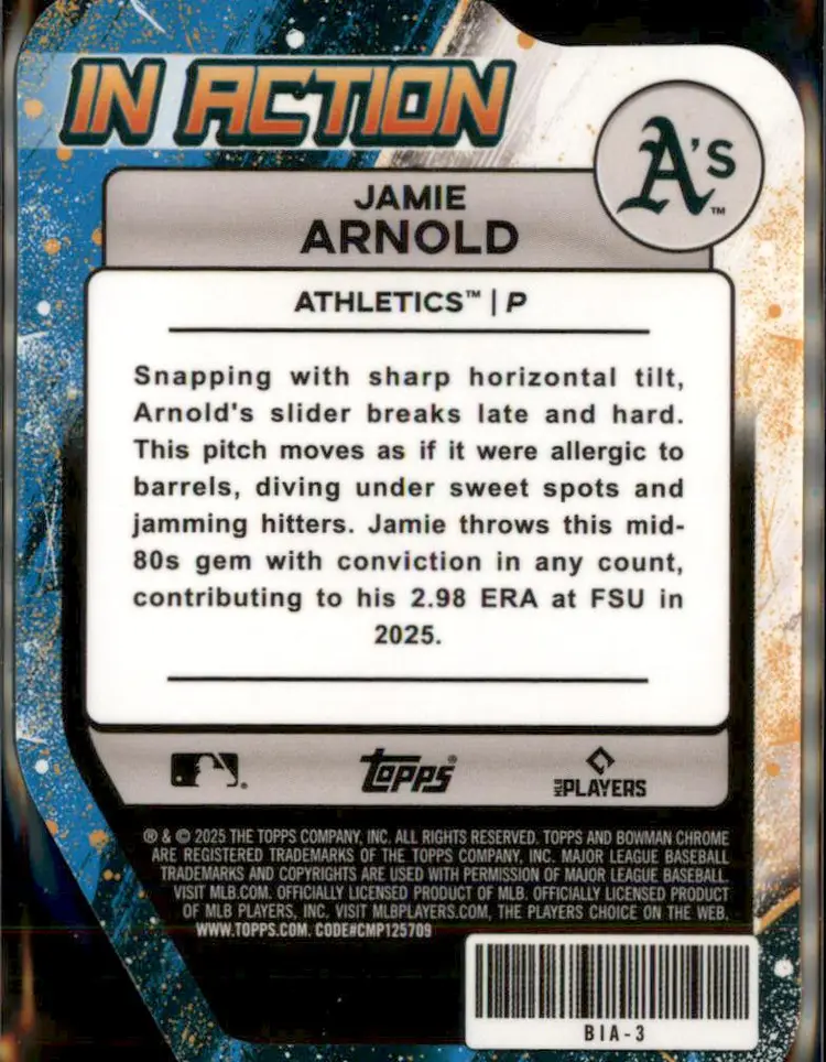 2025 Bowman Draft #BIA-3 Jamie Arnold Bowman In Action - (138) - Athletics
