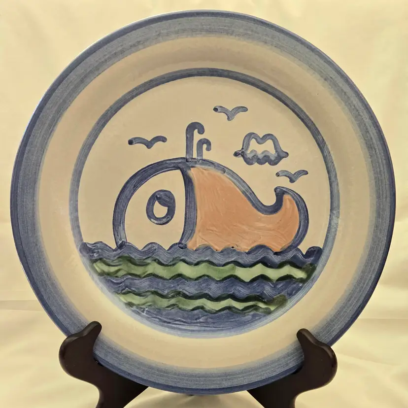 Ceramic Whale M.A. Hadley Pottery 12¾" Large Heavy Plate Signed in Blue Vintage