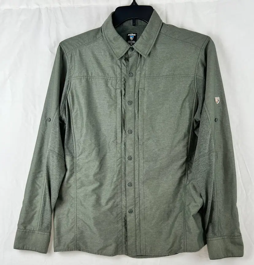 KÜHL Men Medium Olive Green Performance Button Up Shirt Outdoor Hiking Gorpcore