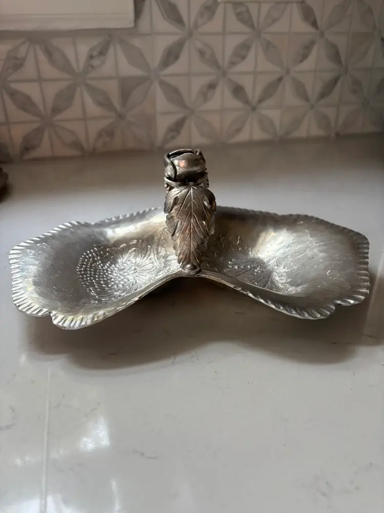 Vintage Hammered Aluminum Trinket Dish With Rose Decor Handle