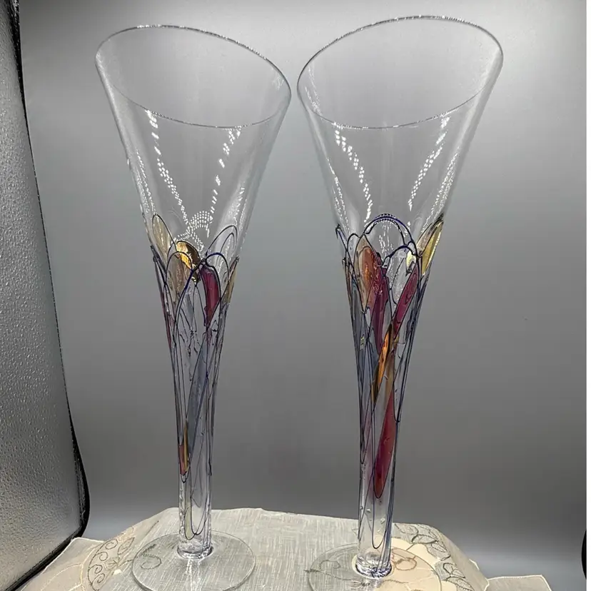 Vintage Romanian Crystal "Luminescence" Stained Glass Champagne Flutes – Set of 2 
10”x3.5”