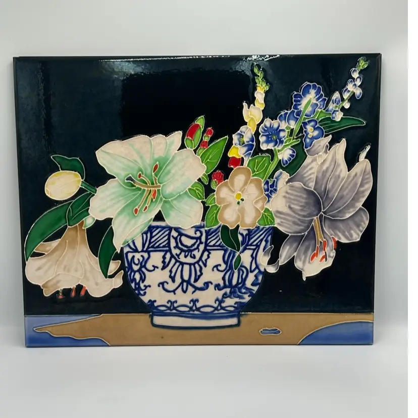 Vintage Large Majolica Asian Inspired Ceramic Tubelined Glazed Wall Tile Italy