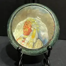 Vintage Clear Glass Domed Paperweight Featuring Native American Chief *Glows* ~1.5” x 3” diameter