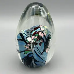 Karg Signed Dichroic Art Glass 4.5” Egg Shaped Paperweight Bubbles