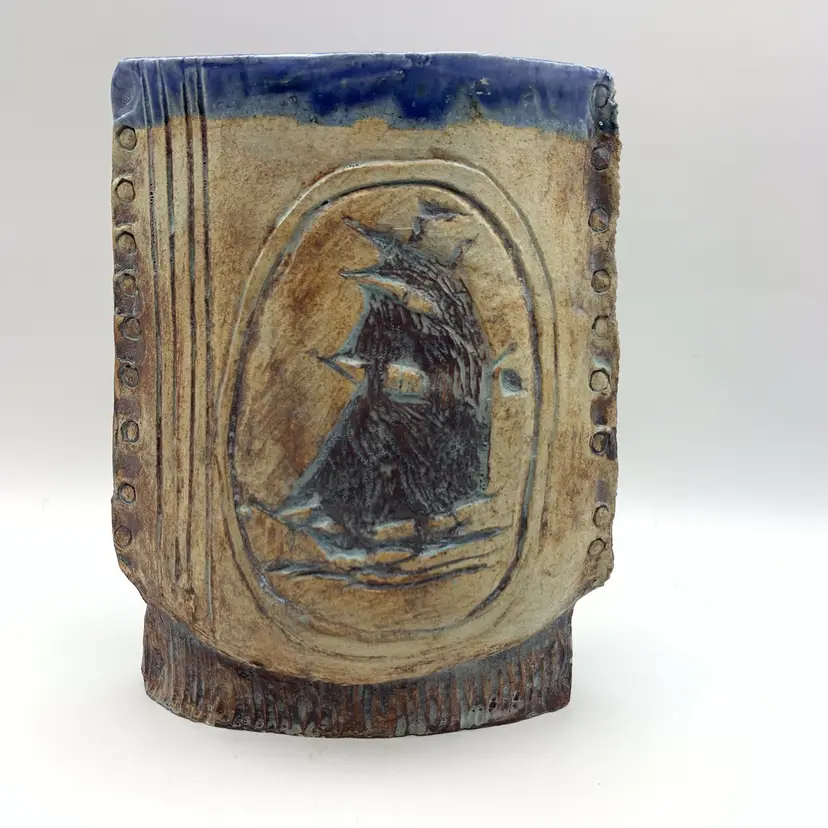 Vintage Ceramic Pottery Vase Relief Carving Sailing Ship Nancy Kronenberg