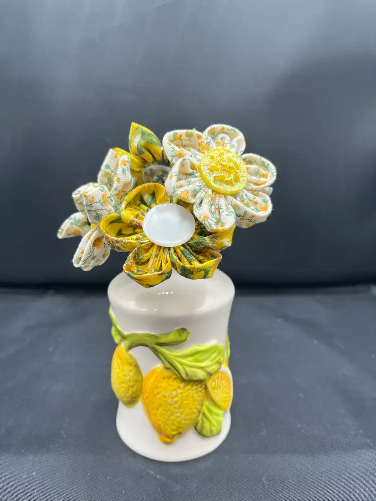 Made By Me Fabric And Vintage Button Flowers Arranged In A Ceramic Lemon Shaker 7”x4”