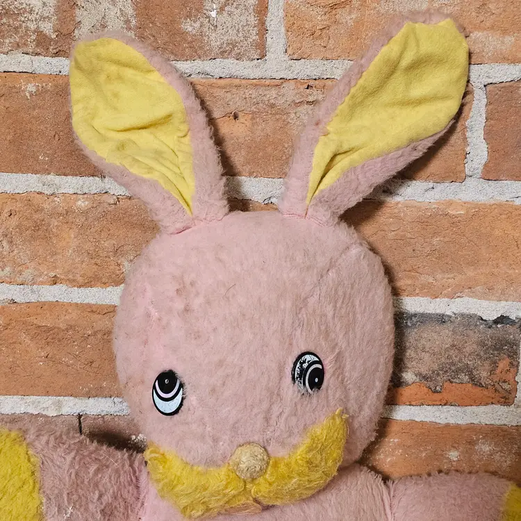 Vintage 1960s Pink Plush Bunny Made in Haiti Yellow Mustache Novelty Easter Toy