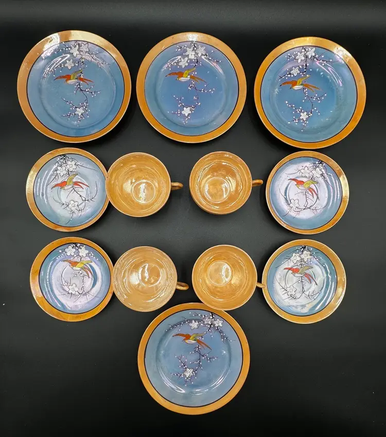 VTG Japanese Peach Lusterware 4 Sets Of Tea Cups With Saucers & Dessert Plates, Cherry Blossom With Bird, Hand painted