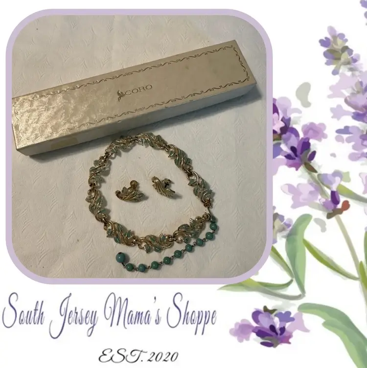 Vintage Coro Gold Tone Teal Enamel Leaf Necklace And Screw Back Earrings