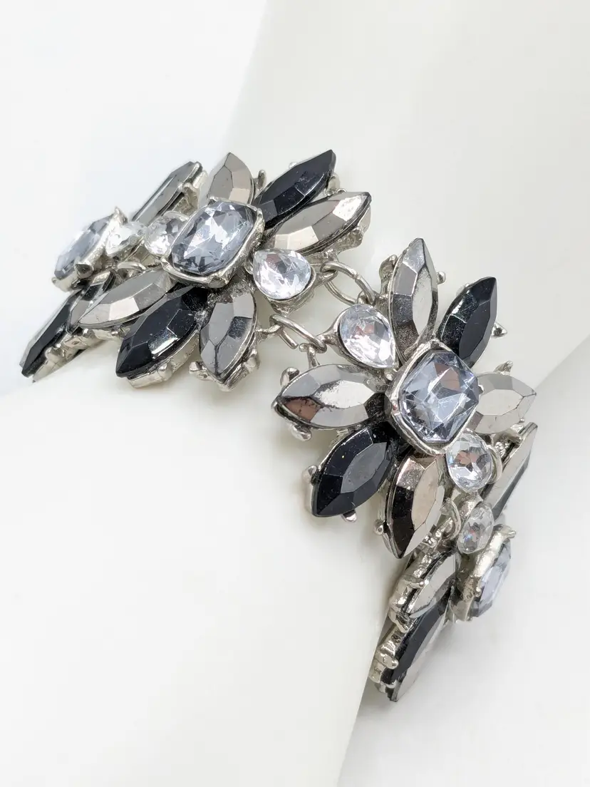 Black and Clear Rhinestone Floral Bracelet Silver Tone