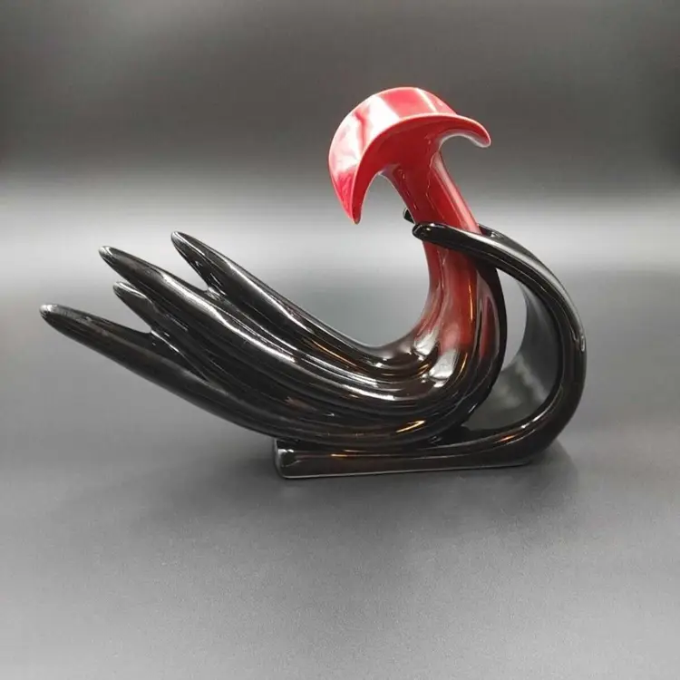 Vintage Art Deco Vase Rooster Red Black Ceramic 12" Retro Bird 1980s
