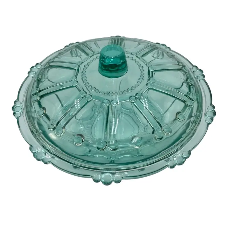 Vintage Aqua Glass Beaded 7" Candy Dish Bowl w/Lid, KIG Oyster Pearl